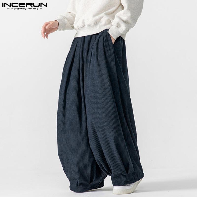 INCERUN Мужские вельветовые повседневные брюки с эластичной талией и заниженным шаговым швом