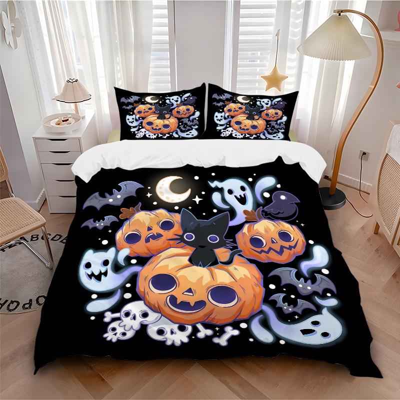 3pcs Halloween Theme Cat & Pumpkin Bedding Set, Including 1 Quilt Cover and 2 Pillow Shams, Without Filling, Soft and Comfortable Home Bedroom Fa