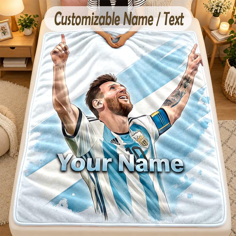 Flannel BlanketLionel Messi Custom Name Text Personalized Soft Warm Throw Blanket Home Decor Gift