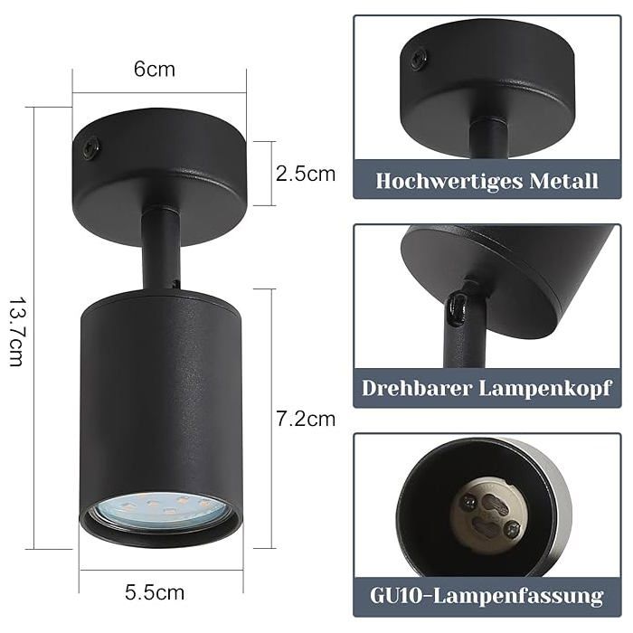 Spot d'intérieur - NETTLIFE - Spot GU10 - Noir - Orientable 350° - Métal