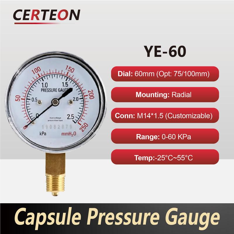 YE-60 Diaphragm Pressure Gauge Gas Vacuum Micro Low Pressure Manometer Radial Mount M14 G3/8 kPa Thread Meter