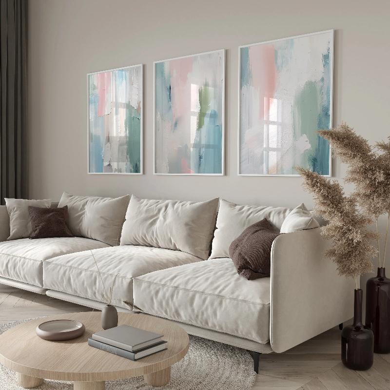 Pastel Art Three-Piece Set, Abstract Neutral Tones, Office Decor, Modern Gallery Wall Art, Minimalist Blue Blush Poster