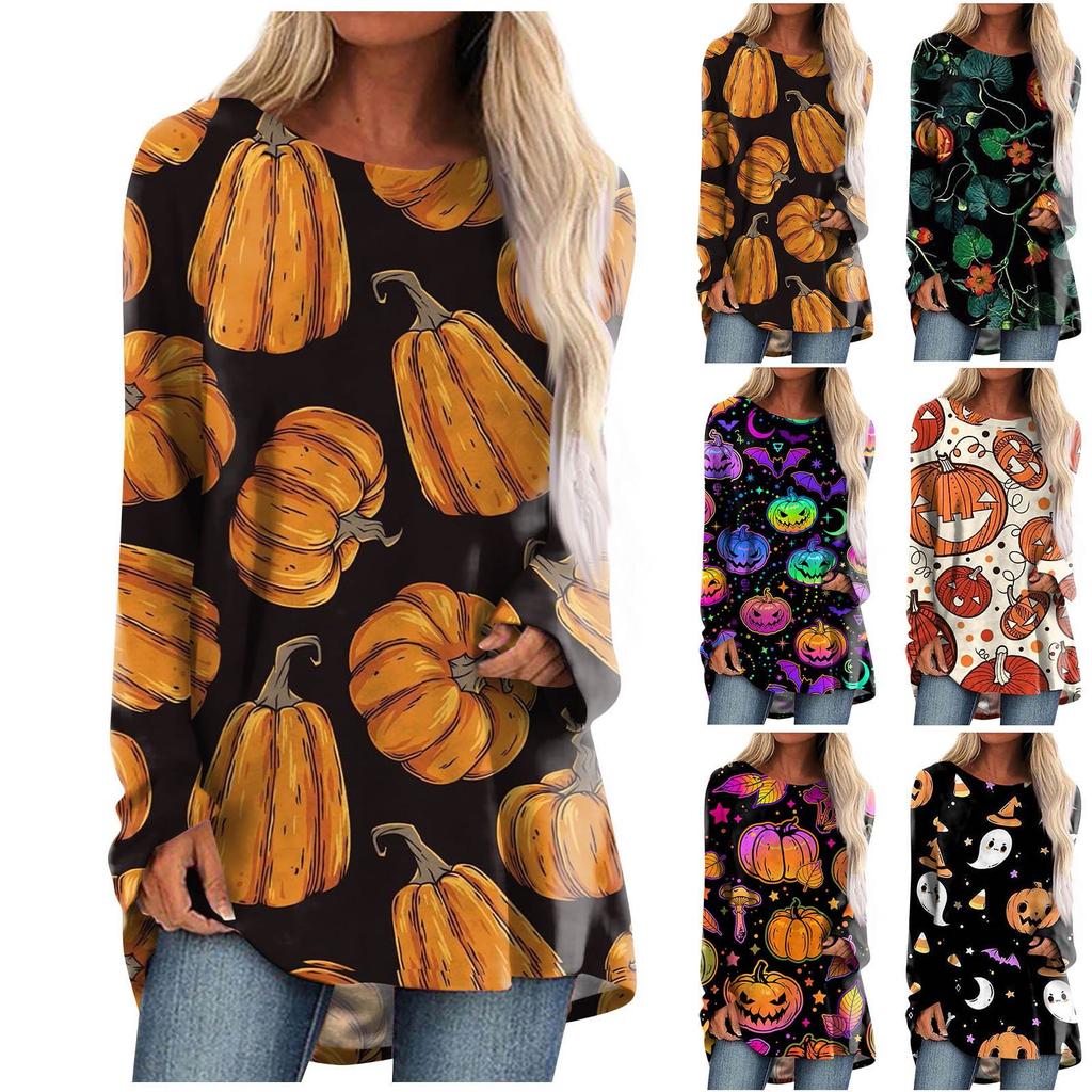 Women's Fashion Casual Long Sleeve Halloween Print Round Neck Pullover Top Blouse