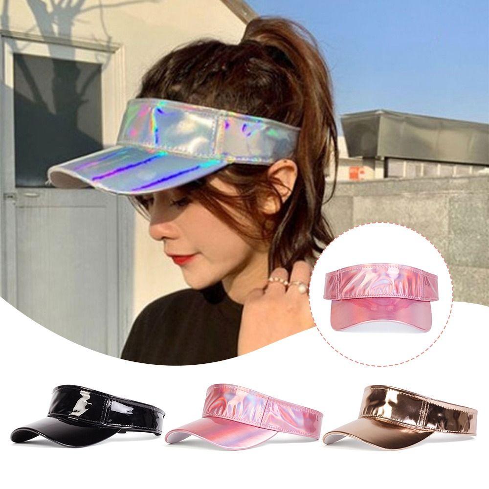 Hip-hop Style Summer Laser Sun Visor Hat Faux Leather Sunscreen Empty Top Hats Plain Bling Adjustable Duck Tongue Cap