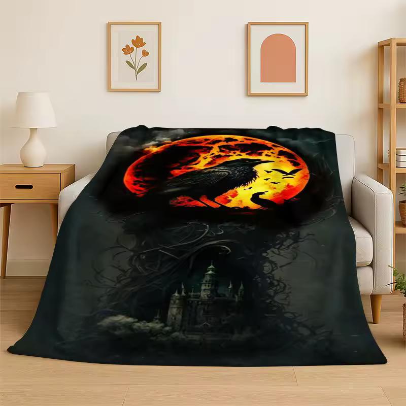 Gothic Raven Skull Crow Cartoon Flannel Blanket Soft Warm Throw Blanket for Bedroom Living Room Bed Travel Camping Picnic Cover