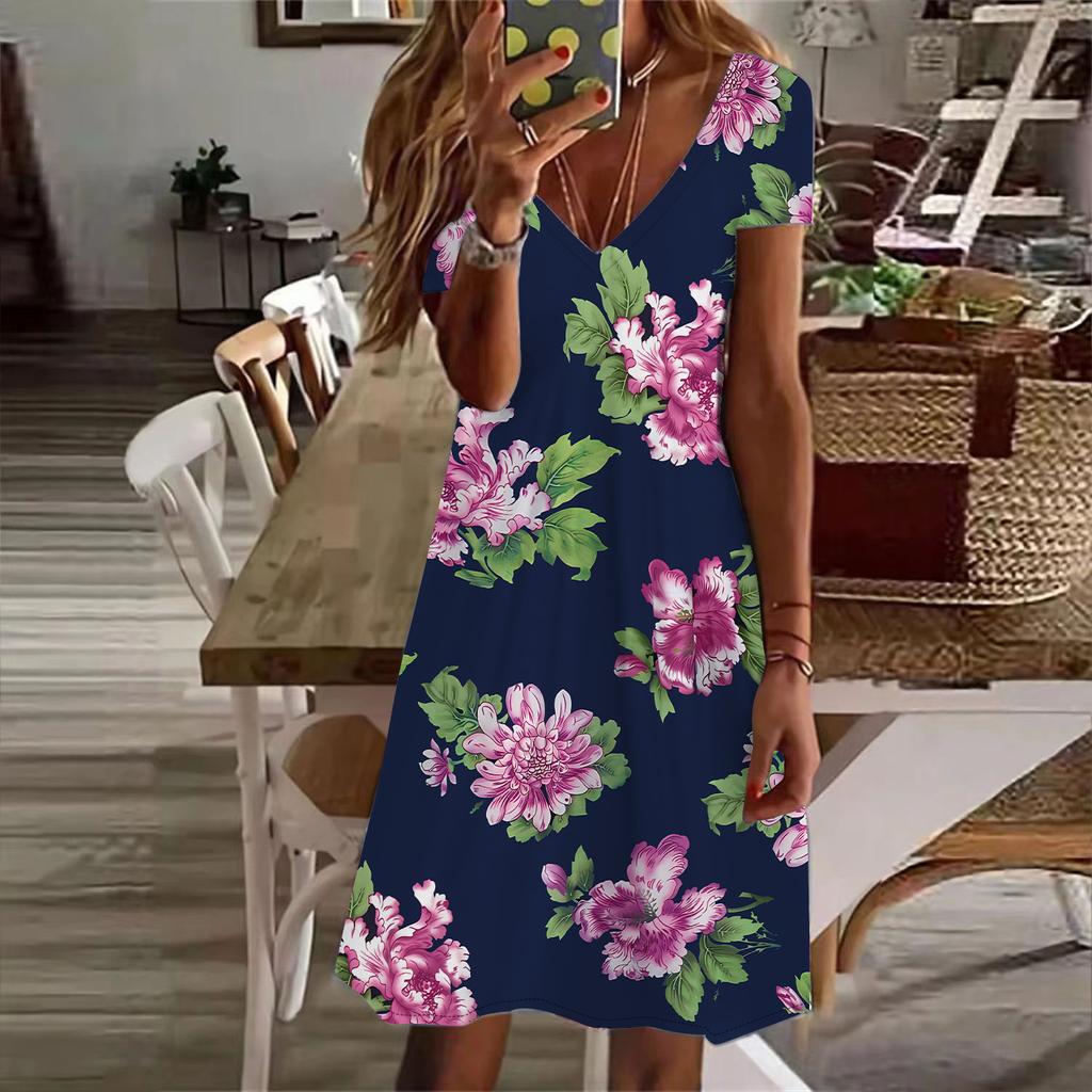 Летняя мода женские V-образный вырез короткий рукав цветочный принт платье сексуальные короткие юбки платья