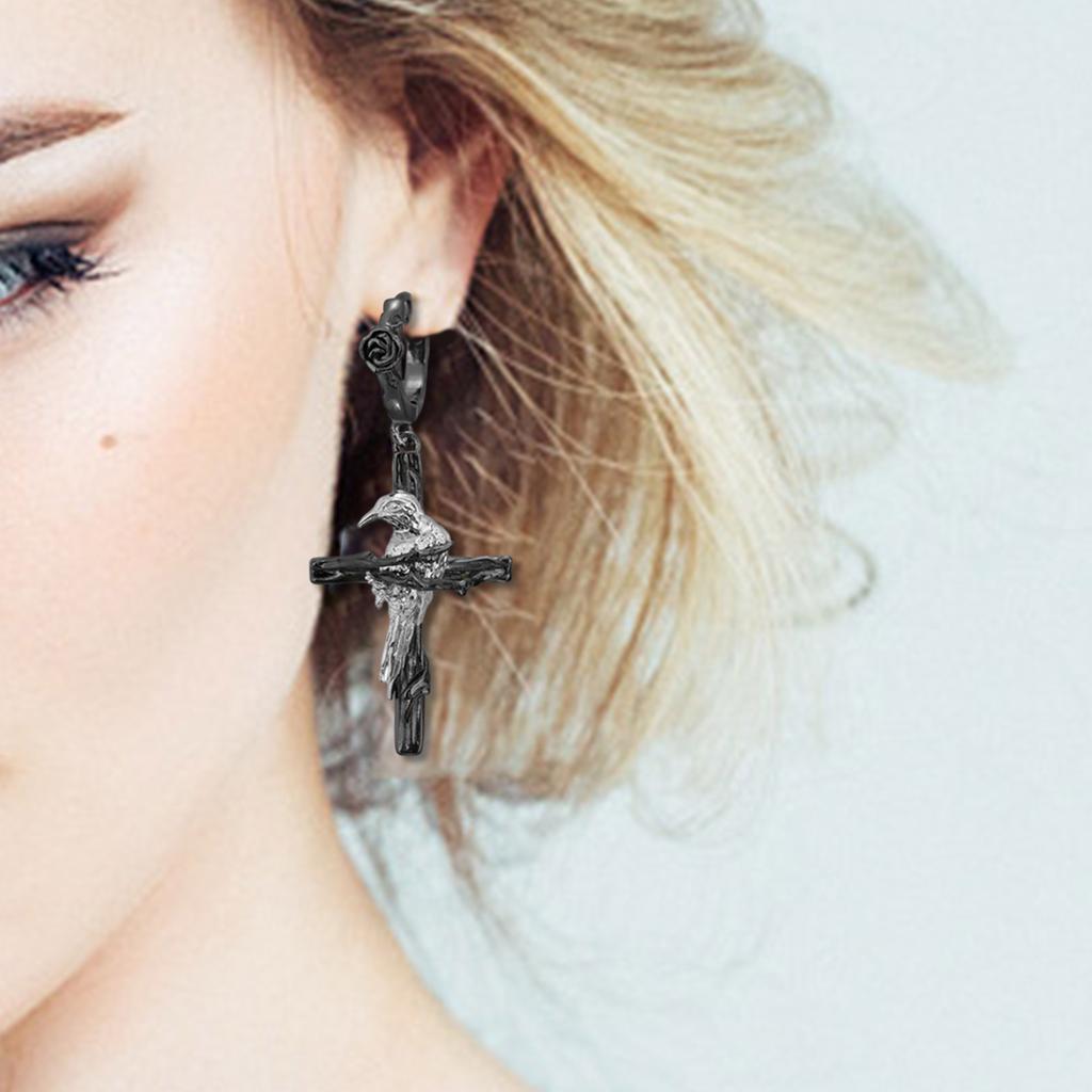 Gothic Cross Raven Punk Earrings Edgy Dark Jewelry Unique Design Ear Studs Alloy Hypoallergenic Ear Jewelry for Women