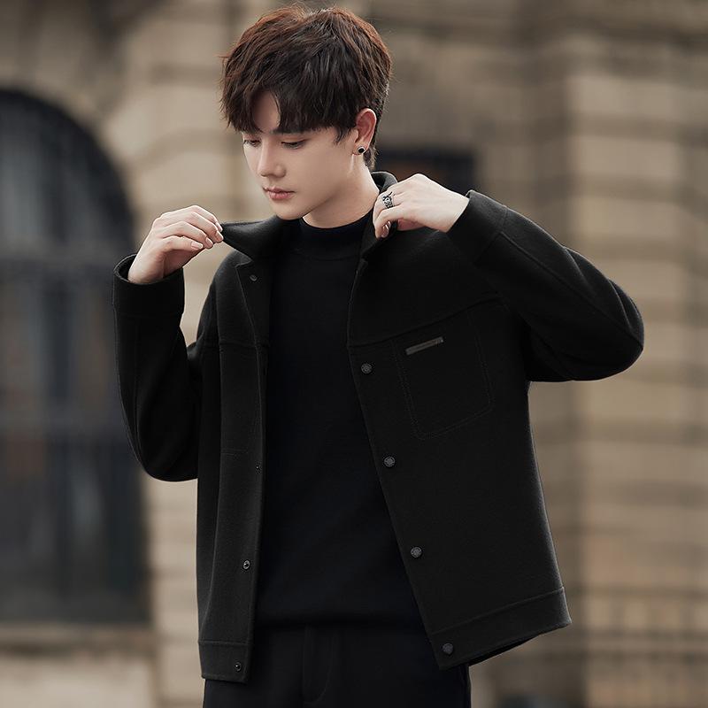 Осенне-зимняя двусторонняя шерстяная куртка, мужское пальто с лацканами, короткая повседневная шерстяная куртка