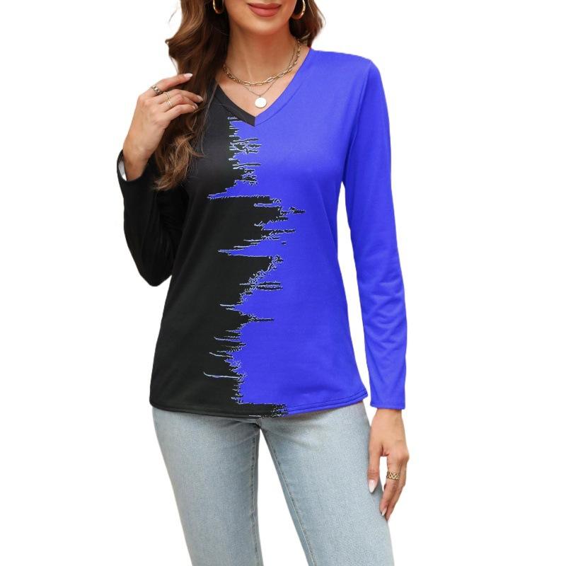 Весенне-осенняя женская блузка с v-образным вырезом и принтом, топ с длинными рукавами