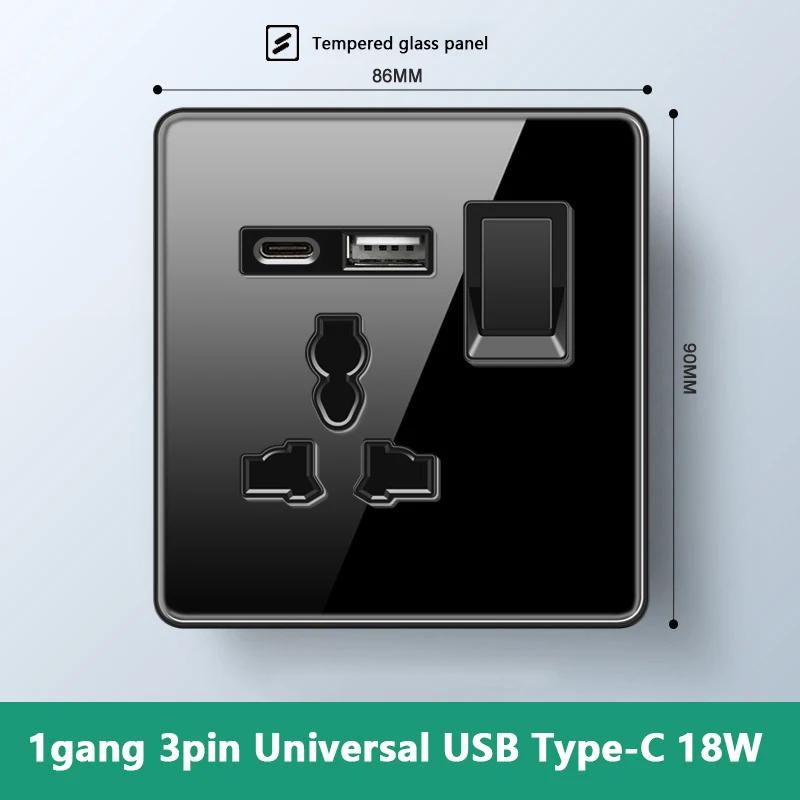 Роскошный настенный выключатель света из закаленного стекла, черная вилка UK 13A, универсальная настенная розетка с USB, 220 В, 1-канальный двухпозиционный переключатель скорости