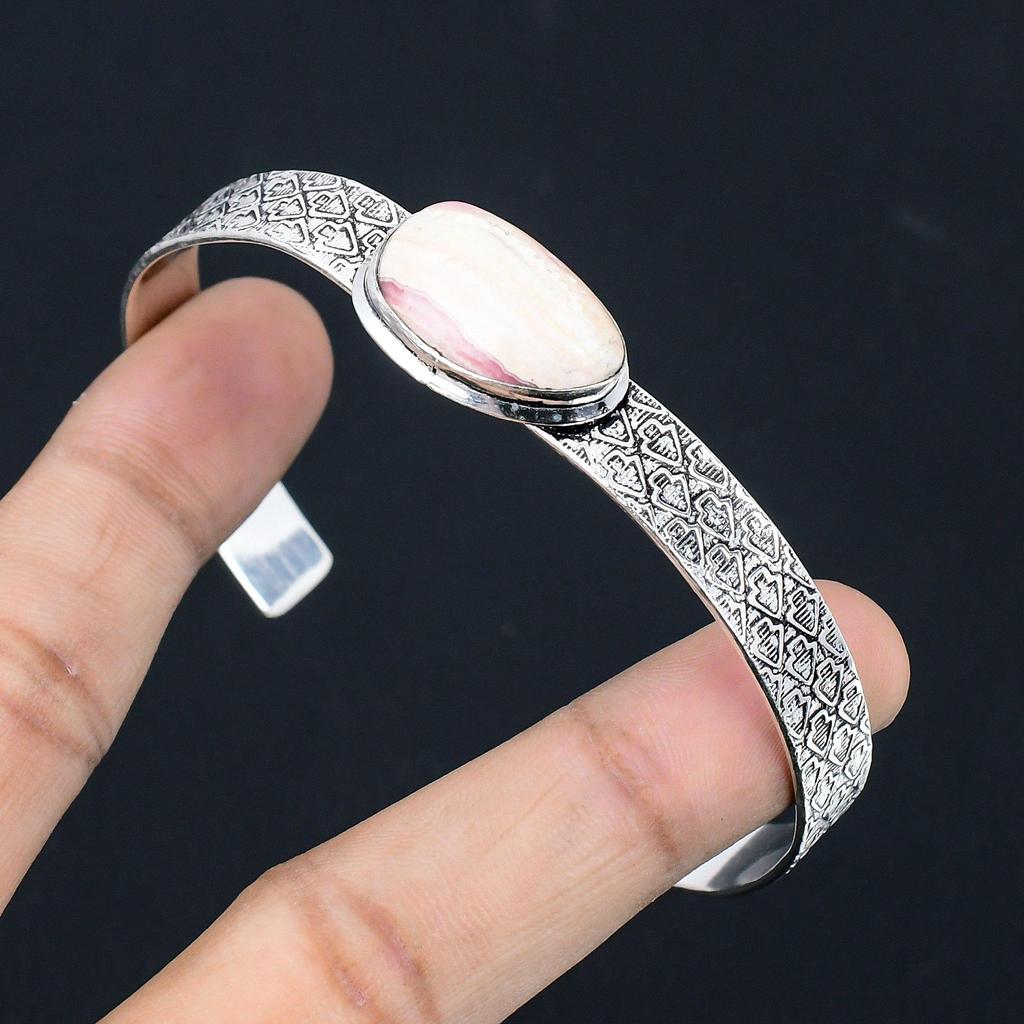 Womens day Deal 925 Sterling Silver Pear Heart Chakra Rhodochrosite Stone Bangle