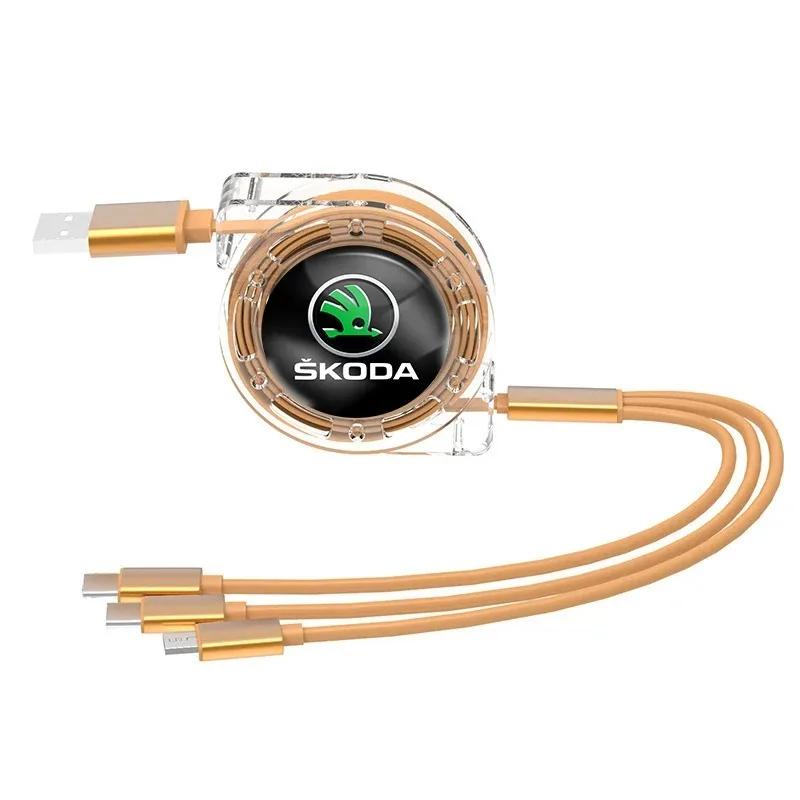 LQLT3 3 In 1 Data Cable Scalable Phone Fast Charging Cable Car Accessories For Skoda Octavia Fabia Kamiq Kapoq Kodiaq Rapid Superb