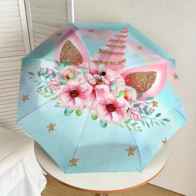 1pc Unicorn Floral Fantasy Umbrella with Plastic Handle,Suitable for All Seasons Home Travel Outdoor UmbrellaDD1602