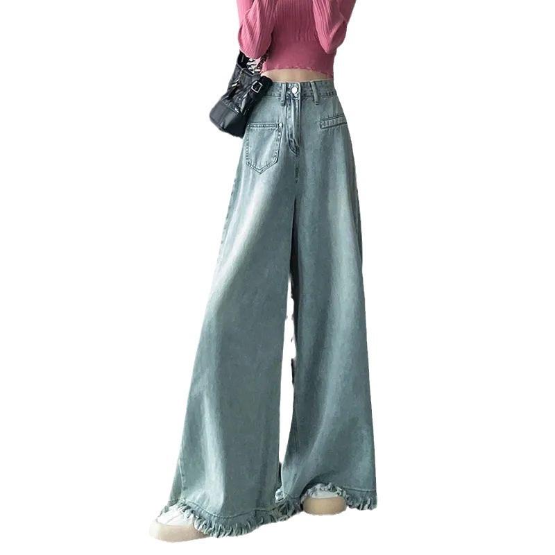 Retro Wide-leg Jeans Women's New Spring High-waisted Thin Burr Edge Design Pear-shaped Body Long Pants