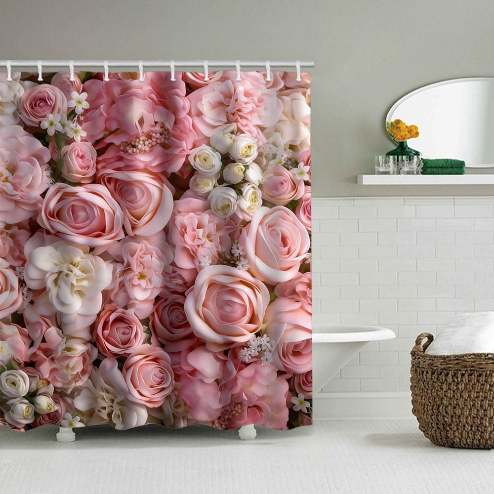 Pink Rose Shower Curtain Set With Toilet Lid Cover And Bath Mat 70.8x70.8 Inches Bathroom Decor