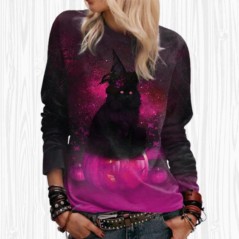 Женские осенние топы, свободная футболка с крутым котом и принтом кота, повседневная футболка с длинными рукавами, топ, блузка