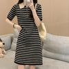 Polo Neck Loose Striped Casual Knitted Short Skirt Lapel Zipper Medium and Long Skirt
