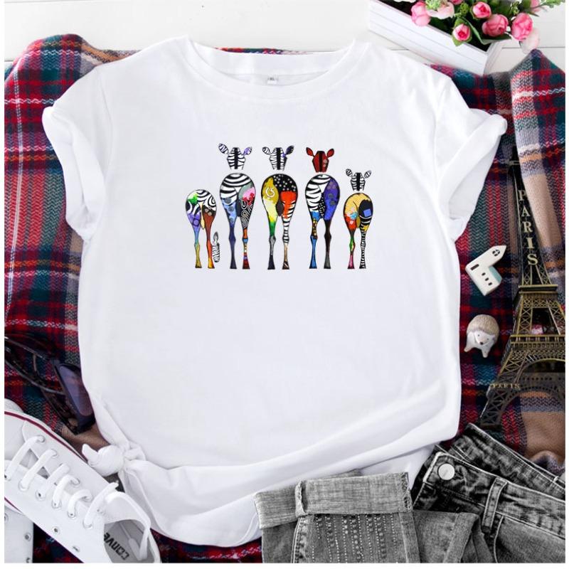 Summer Round Neck Zebra Print Top Fashionable Casual Short Sleeved Women's Pure Cotton T-shirts