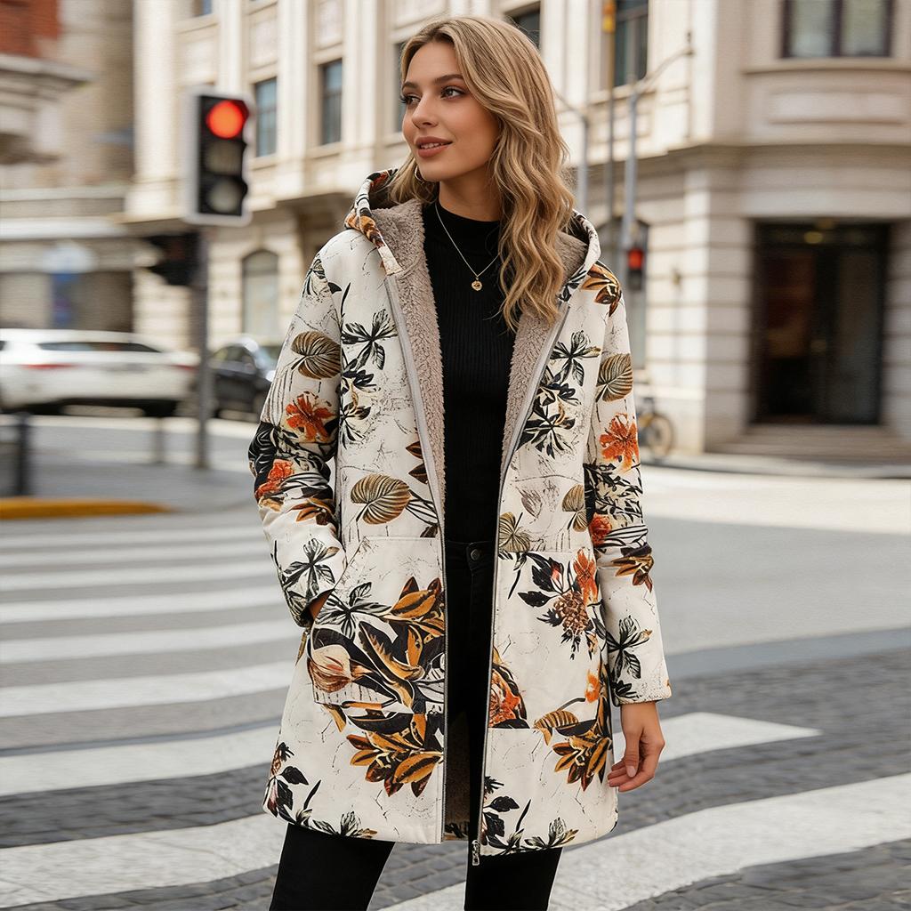 Печатные повседневные пальто большого размера Винтажные толстовки на молнии с длинным рукавом Женские пальто Повседневная женская теплая карманная куртка из флиса с цветочным принтом