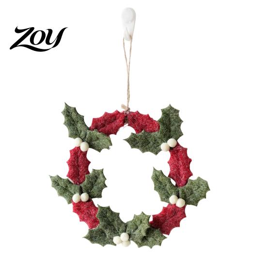 Festival Scene Ornament 8 Inch Felt Christmas Holly Wreath, Handmade Berry Hanging Wreath for Front Door, Winter Holiday Wall Window Decor