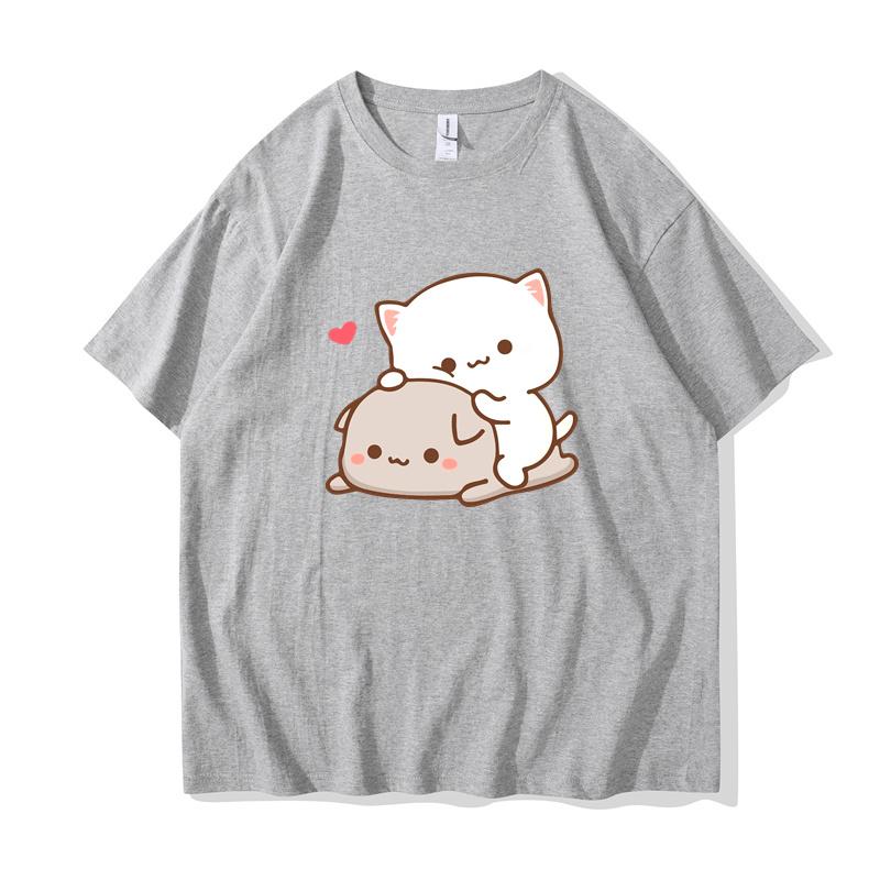 Футболка с изображением кота персика и моти, новая летняя стильная футболка с милым принтом для женщин, модная футболка в стиле Харадзюку для пар, 100% хлопок