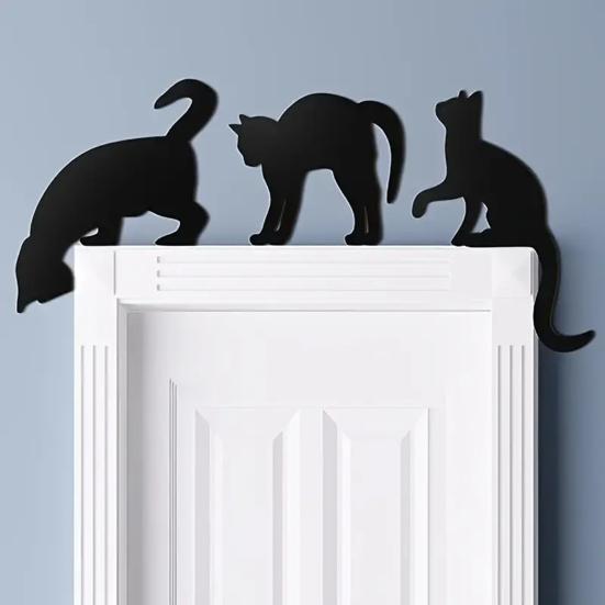 3/4Pcs Halloween Black Cat Decor Wooden Cat Silhouette Door Corner Decor Scary