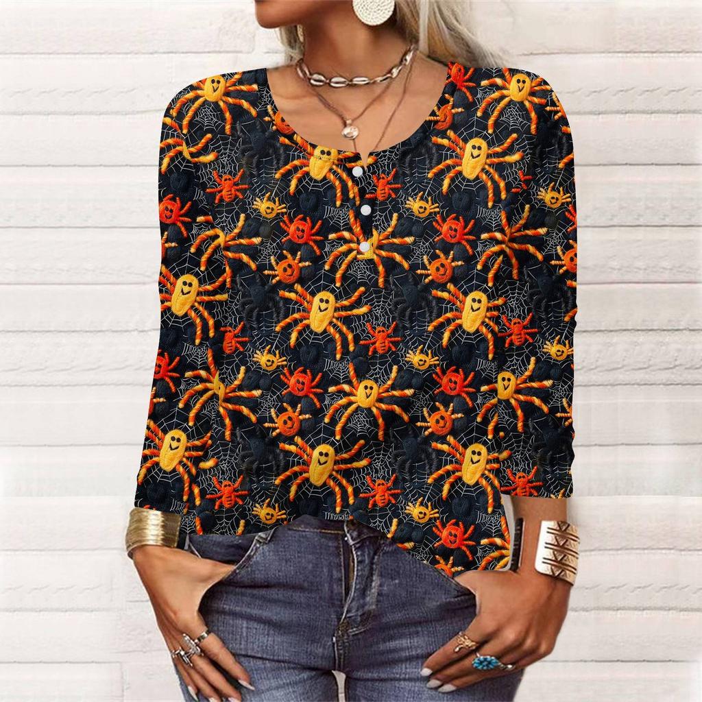 Long Sleeve Shirts For Women Halloween Pattern Print Graphic Tees Blouses Casual Plus Size Basic Tops Pullover
