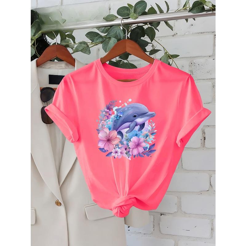 Women'S Casual Short-Sleeve Round-Neck T-Shirt Featuring A Cute Dolphin and Flower Print - A Perfect Choice for Spring and Summer