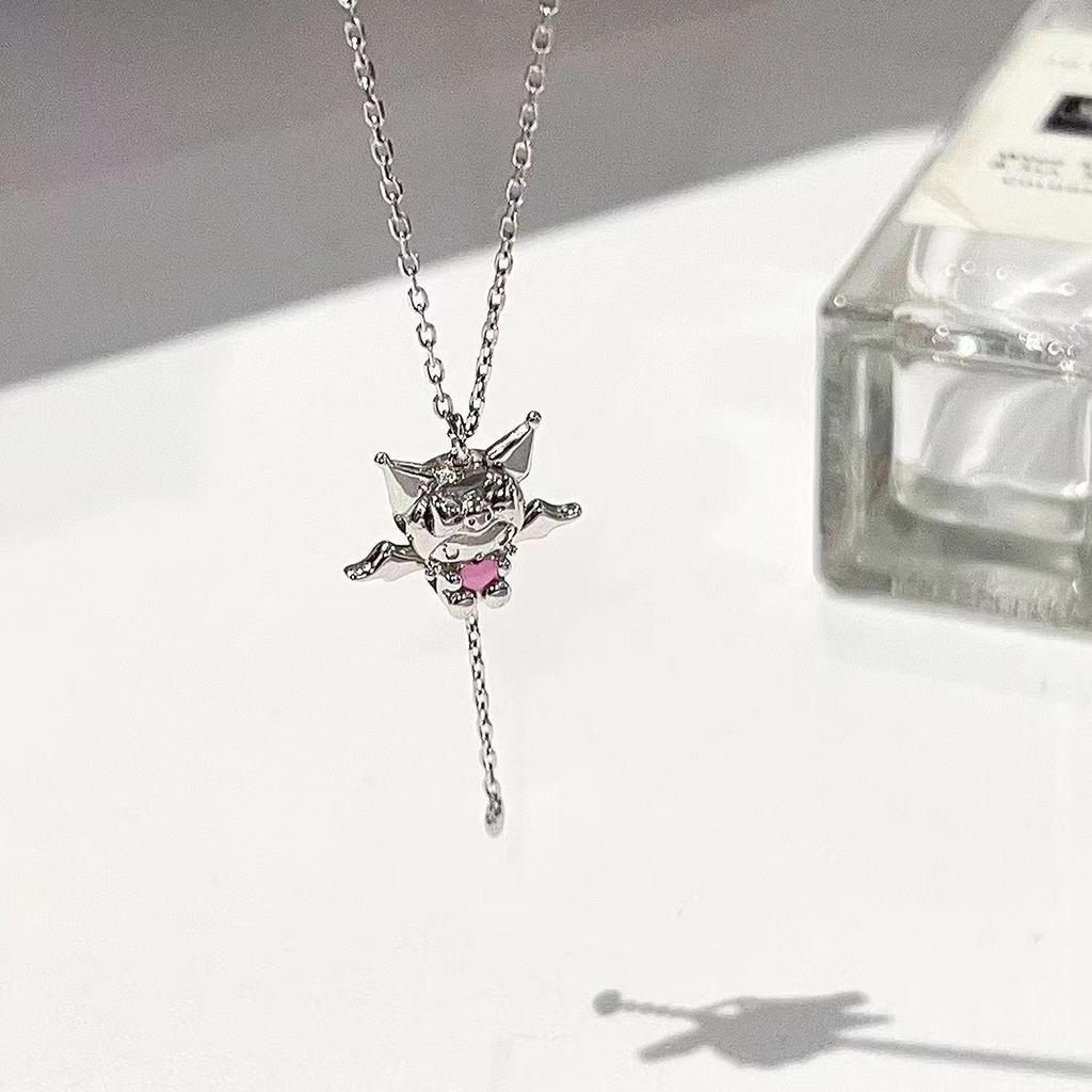 Серебряное ожерелье Sanrio Kuromi 'Сердце Амура' - Милый мультяшный подарок для женщин и подруг