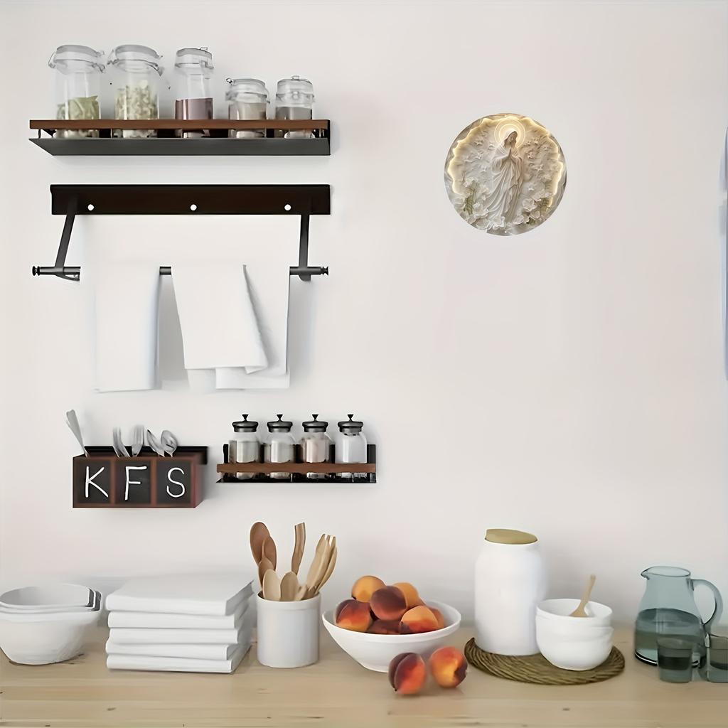 3D Maria Sculpture Wooden Poster Board, 8 Inch Religious Round Wall Art with Garland, Floating Statue Design for Home