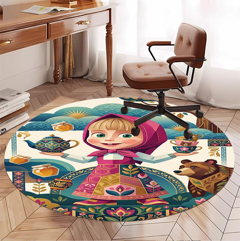 Masha and the Bear Pattern Round Rug, Indoor/Outdoor Mat, for Picnic, Gameroom, Bedroom, Office, Living Room, Home Decor Carpet, Birthday Gift