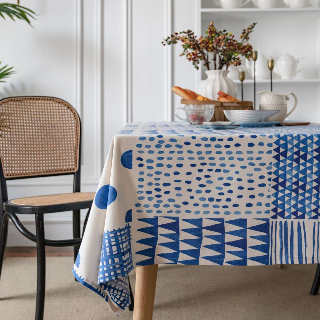 Tablecloth Blue Splicing Geometric Printing Simple Cotton and Linen Dining Table Cloth