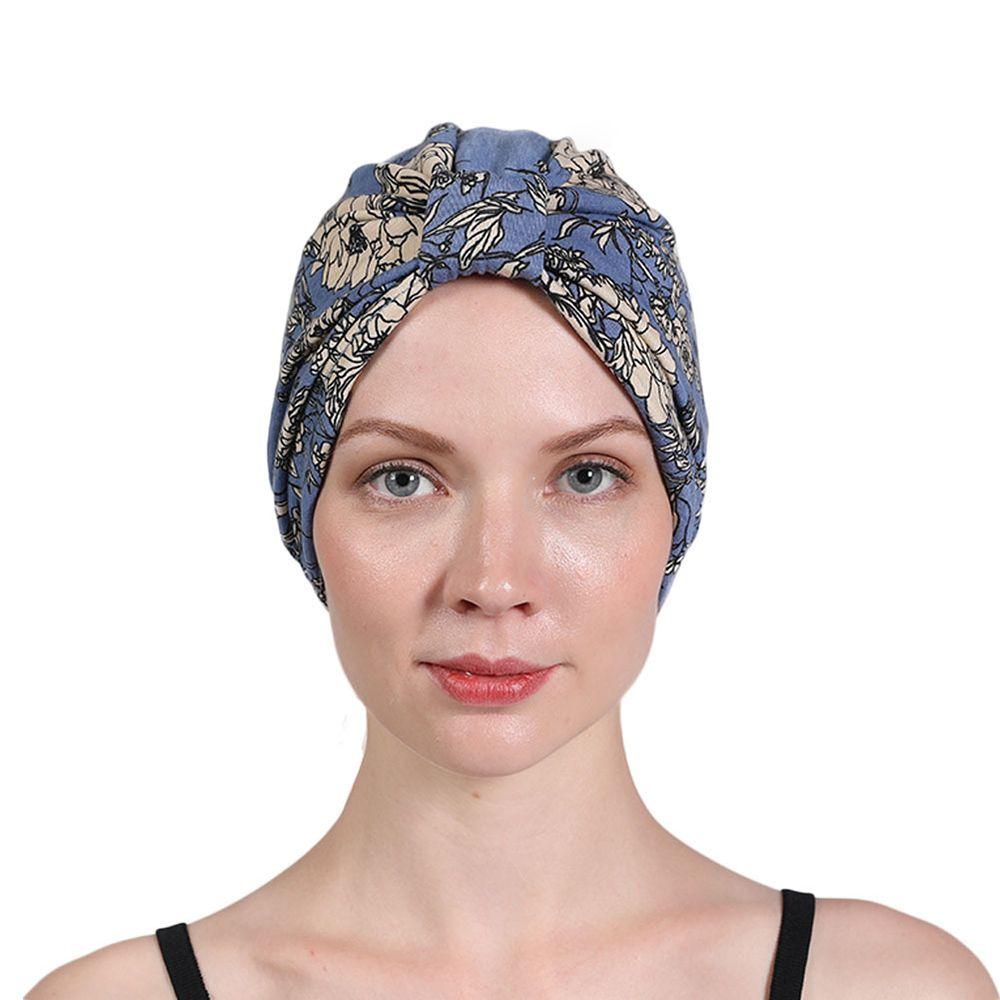 Knot Pleated Cotton Floral Print Turban Hat Head Cover Wrap Hat Soft Bonnet Sleep Night Cap