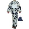 RAVIR Yukata Set with White Camellia Fluffy Obi and Geta Sandals Free Size Women's 3-Piece (Black Outline), Summer, Kimono, Belt, (Navy),