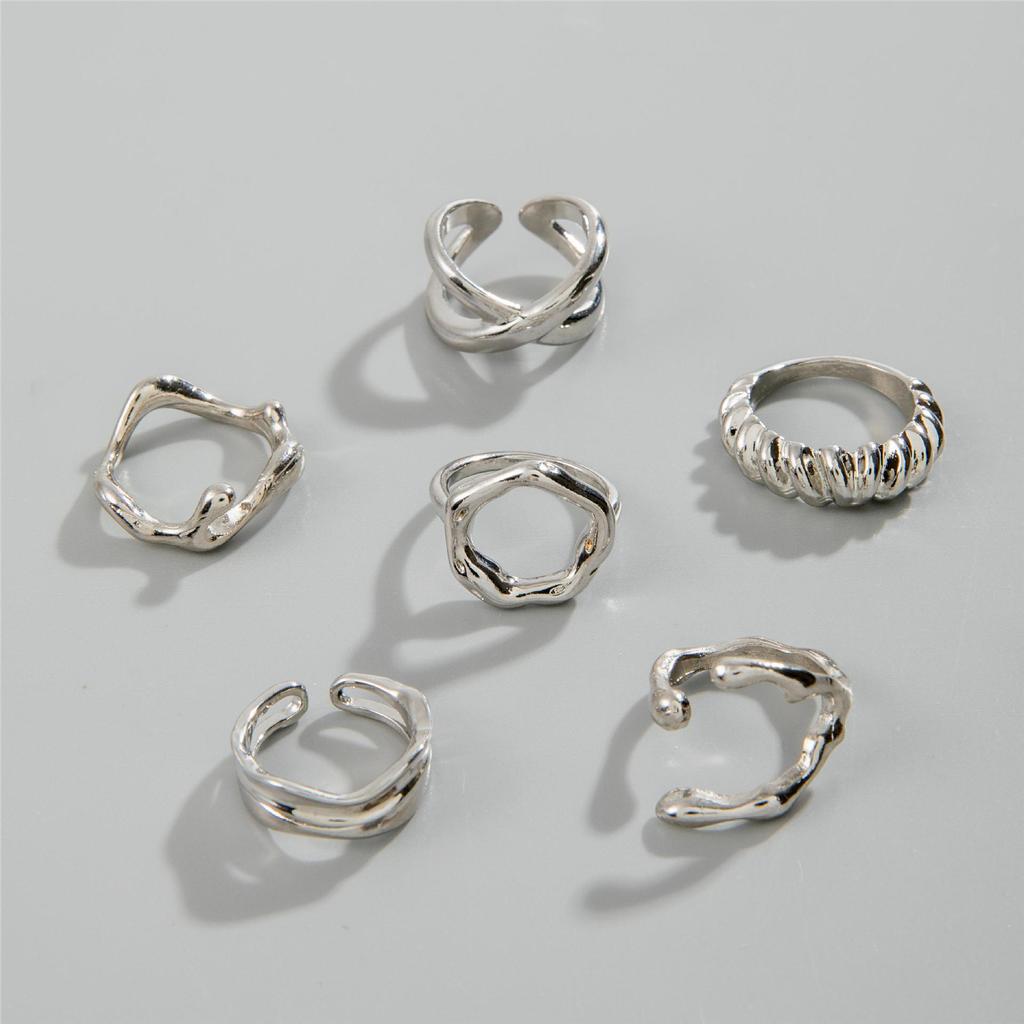 6Pcs/Set Silver Color Geometric Irregular Open Rings Set for Women Personality Metal Hollow Circular Rings Trendy Jewelry Gifts