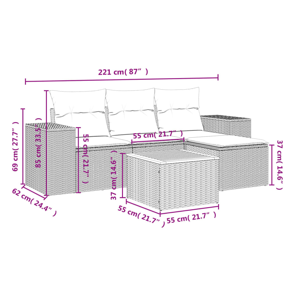 5 Piece Outdoor Sofa Set with Cushions Grey Poly Rattan
