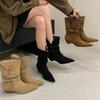 Каблук Заостренный Замшевые Ботильоны Средние Рыцарские Сапоги Женские Сапоги 2025 Осень/Зима Западные Ковбойские Облегающие Сапоги
