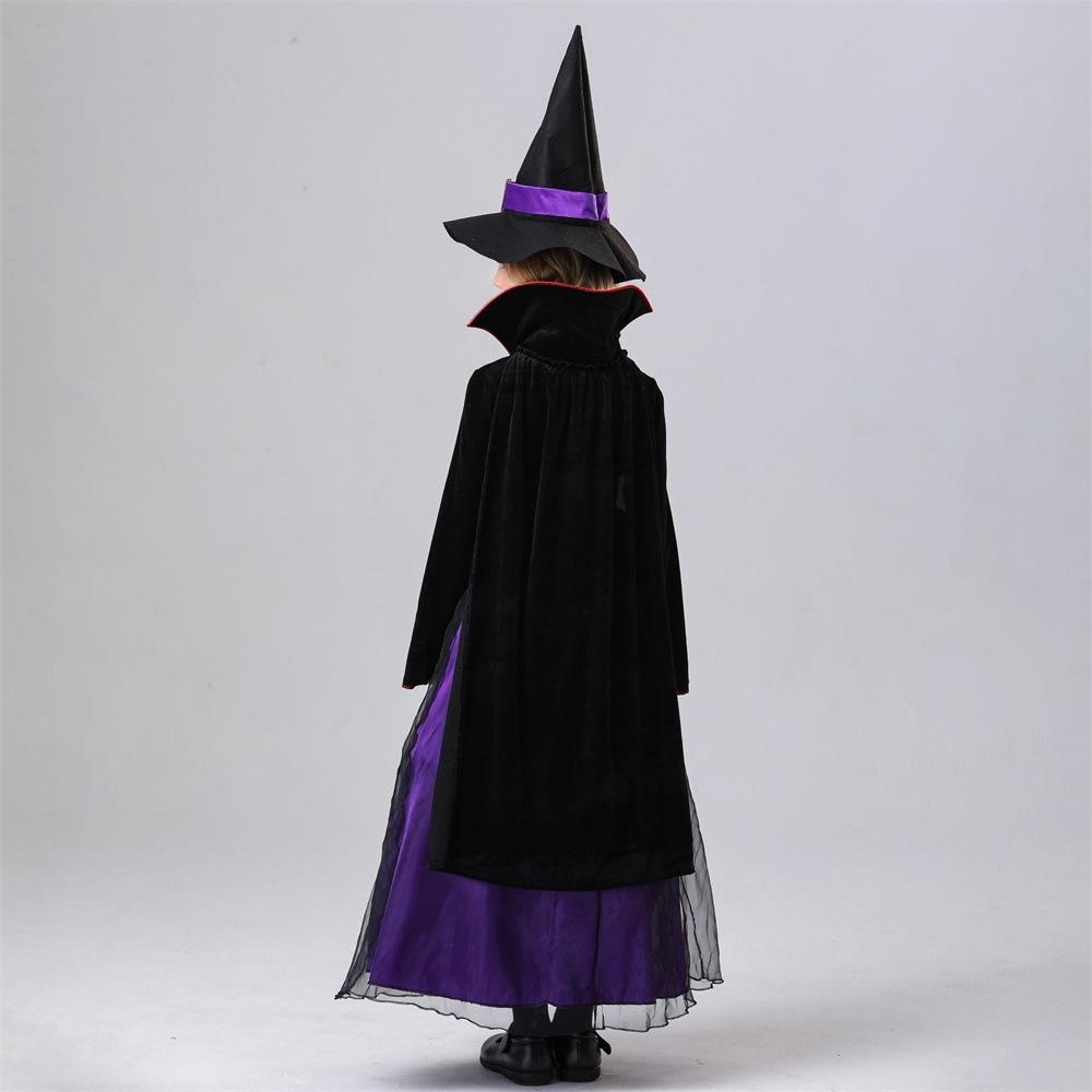 New Children's Girls Halloween Purple Witch Dress Hat Set Cosplay Costume