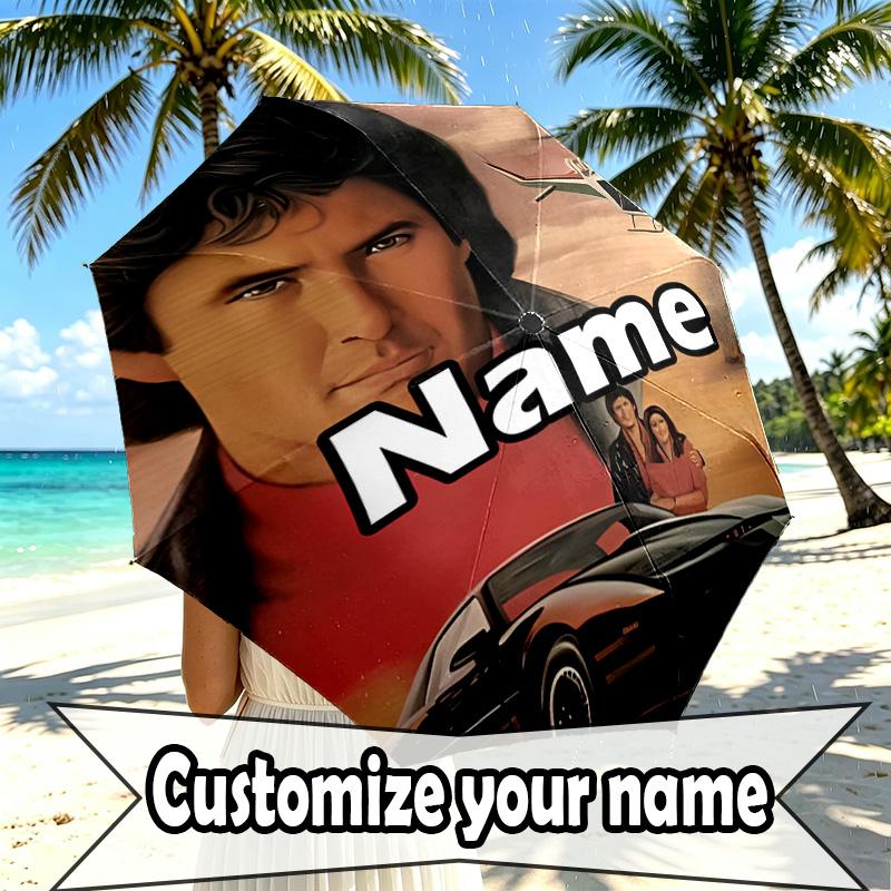 Custom Name Personalized Knight Rider Print Umbrella, Auto Open Close, 8‑Rib Sturdy Frame, Commute Camping Hiking Use, Birthday Gift
