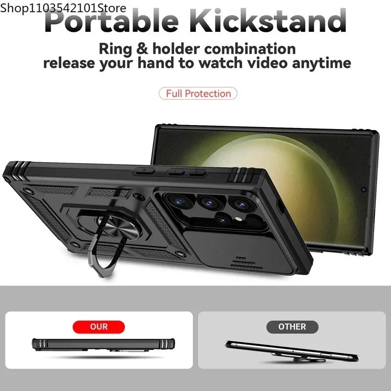 Чехол-броня военного класса с вращающейся подставкой-кольцом и сдвижной защитой объектива камеры для Samsung Galaxy S24 S23 S22 S21 FE Note 20 Ultra A16 A06 A55