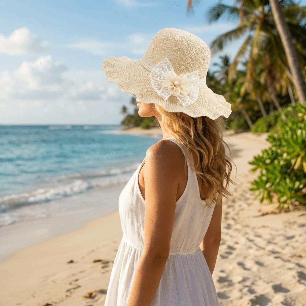 Lace Bow Wide Brim Knitted Hat Solid Color Beach Sun Hat Fashion UV Protection Cap Travel