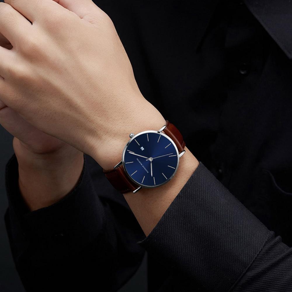 Reloj Men Watch Top Japanese Quartz Movement 40mm Black Leather Business Style Hannah Martin 3Bar Waterproof Sports Men Watches