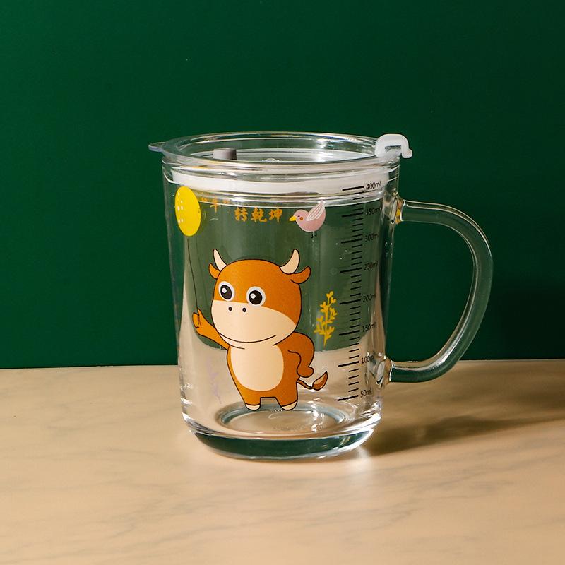 High Quality Kids Straw Cup with Lid and Handle Cute Glass Tumbler with Scale for Water Tea Milk Coffee Elephant Cartoon Pattern