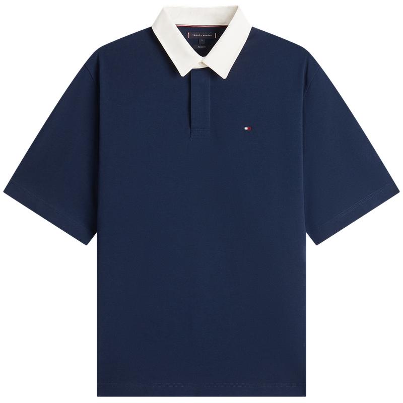 Tommy Hilfiger Хлопковая Однотонная Модная Поло с Логотипом Флага на Спине Свободная Короткий Рукав Мужские Топы MW0MW42751