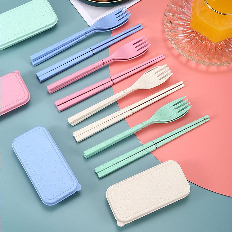 3-Piece Eco-Friendly Cutlery - Portable Dining Kit with Carrying Case- Wheat Straw Spoon/Fork/Chopsticks