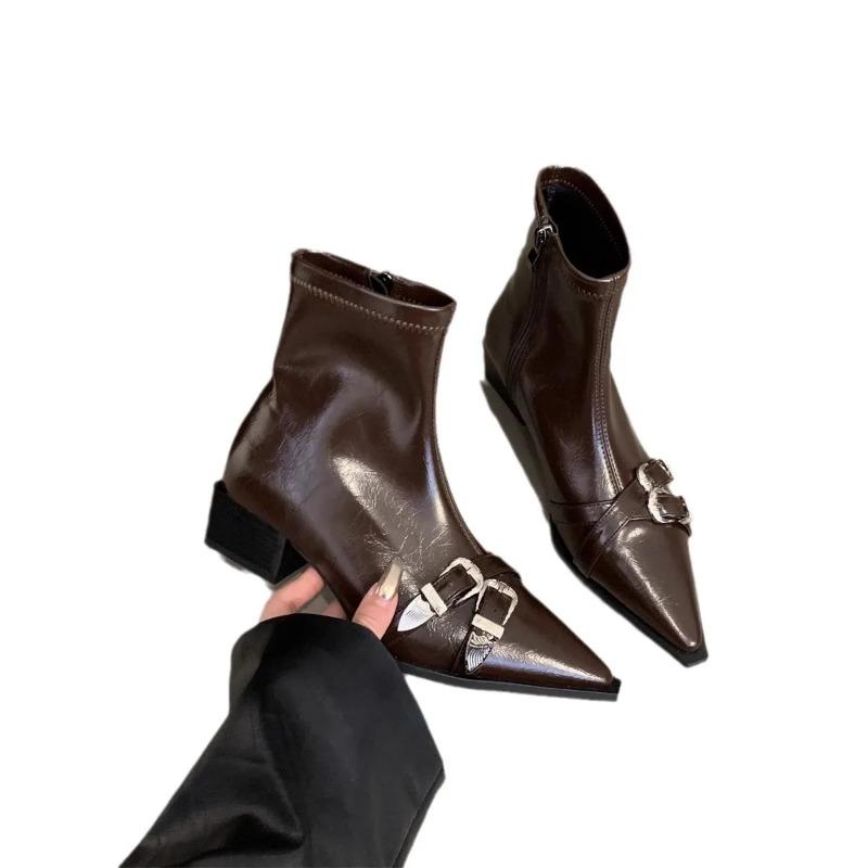 Zipper Women's Boots Autumn Shoes Boots-Women Black Rubber Pointy Med Ladies Rock Ankle PU Hoof Heels Rome Pointed Toe Micr