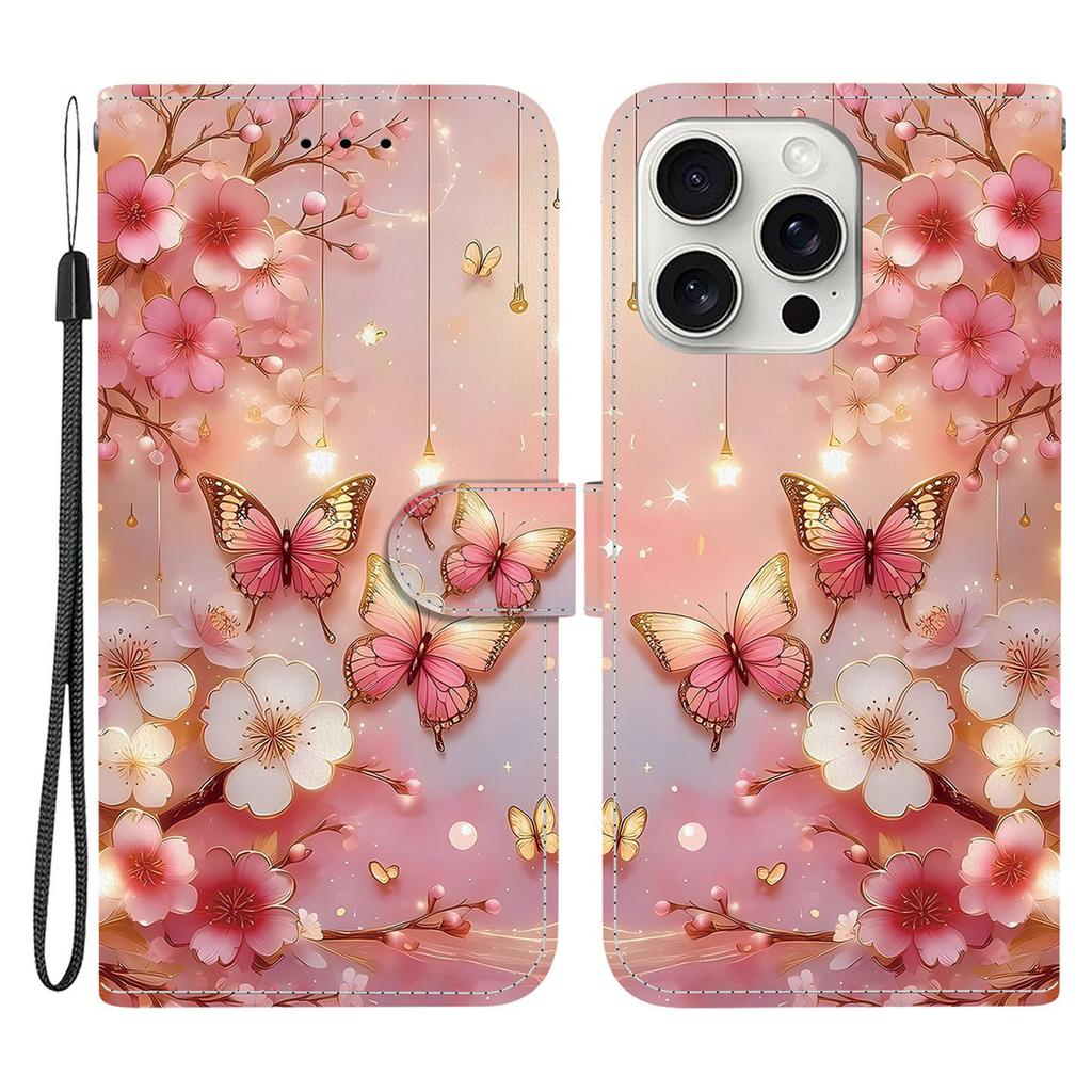 For iPhone 16 Pro Leather Case Stand Wallet Pattern Printing Phone Cover with Wrist Strap