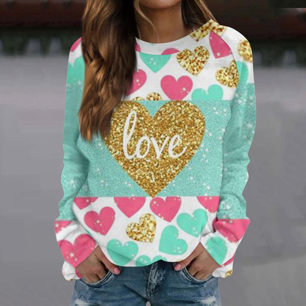 Женская модная повседневная толстовка с длинным рукавом и принтом на День святого Валентина и круглым вырезом