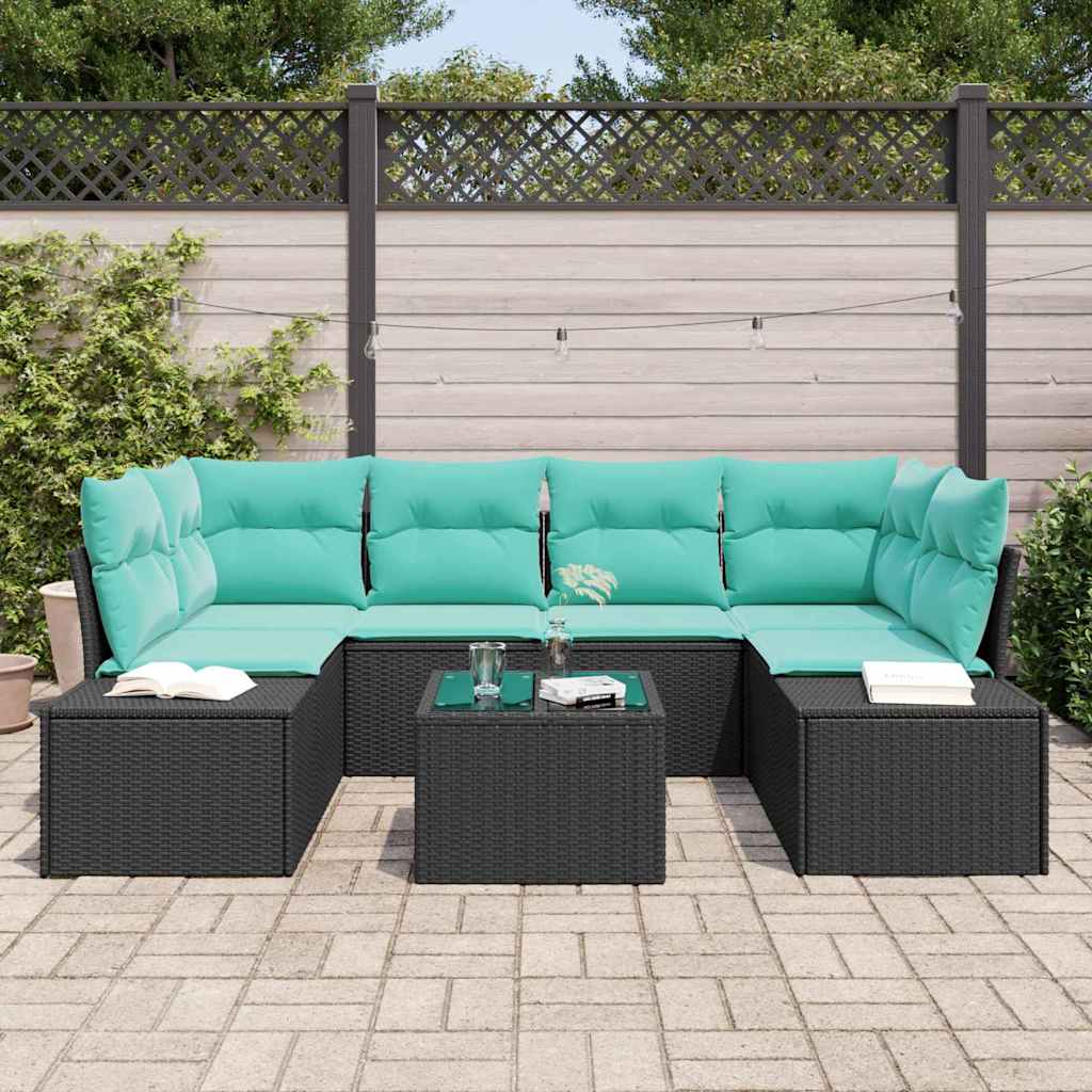Sofa Set with Cushions 7 pcs Black Poly Rattan
