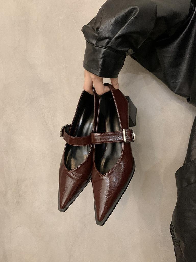 Туфли-лодочки с острым носом и неглубоким вырезом, женские, на среднем каблуке, новые 2024 года, с французским вечерним темпераментом, с ретро толстым каблуком, туфли Мэри Джейн